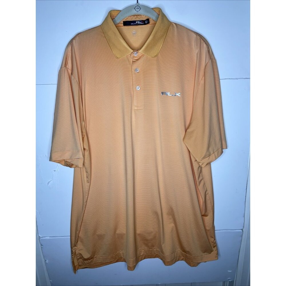Ralph Lauren RLX Shirt Mens L Orange WhiteStriped Short Sleeve Polo Golf Wicking